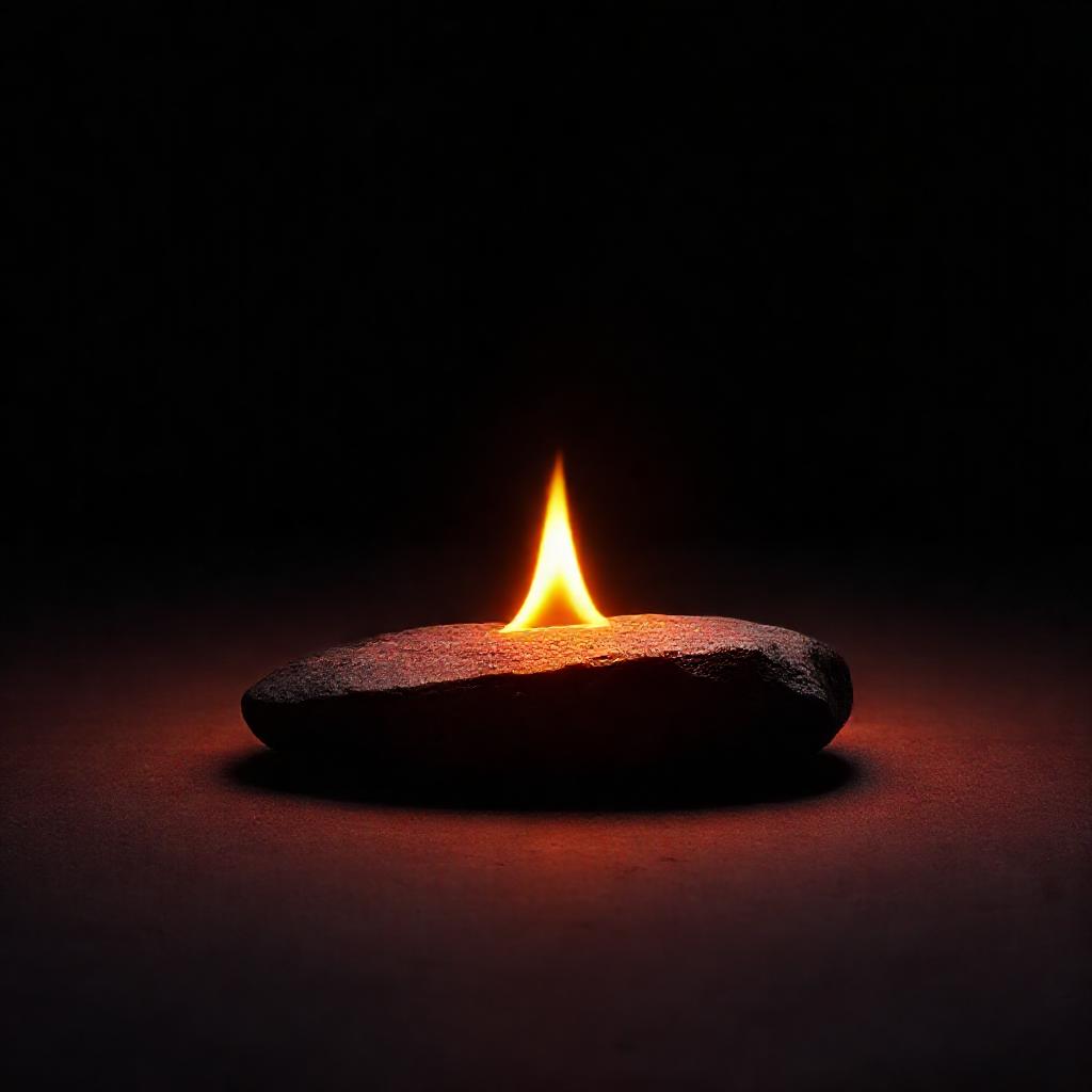 A single, glowing ember resting on a smooth, dark stone surface. Soft, diffused light emanates from ...