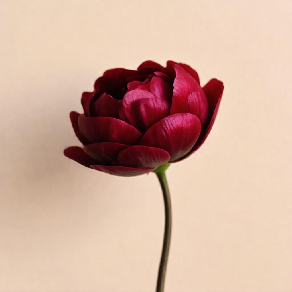 A single, stylized peony flower, deep crimson petals slightly unfurled, against a muted beige backgr...