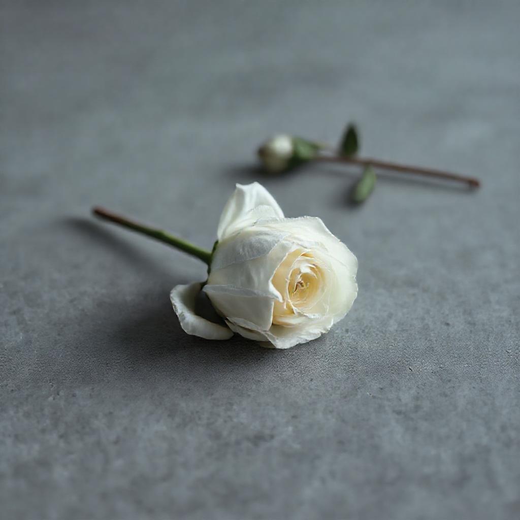 A single, wilting white rose lying on a smooth, grey stone surface. Soft, diffused lighting emphasiz...