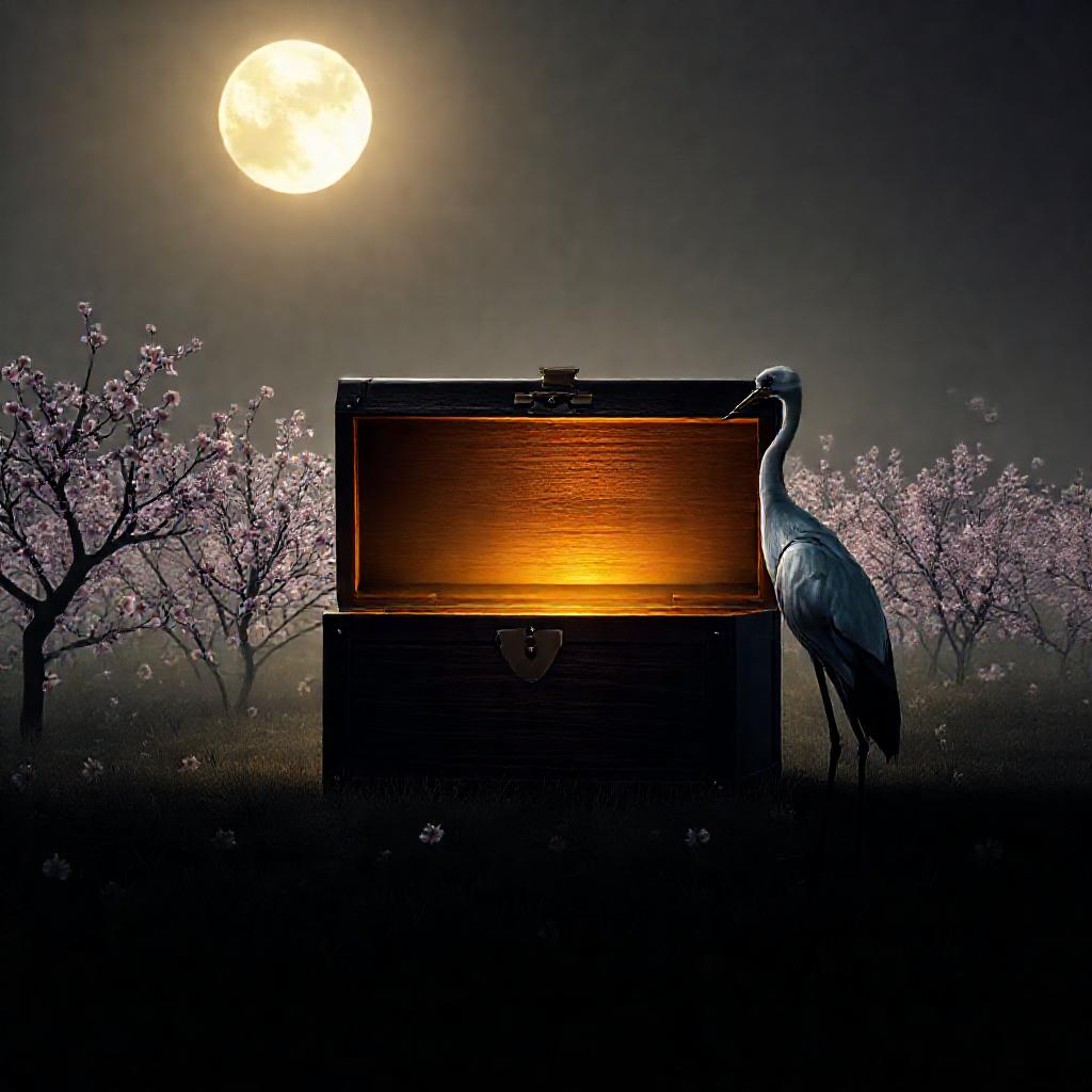 A serene, minimalist landscape featuring a polished, dark wood treasure chest partially open, reveal...