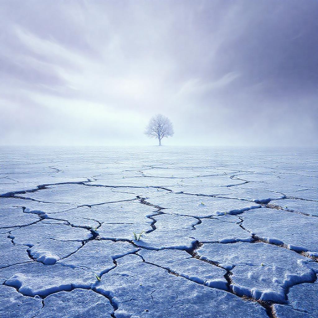 Frozen earth, vast and desolate winter landscape, cracked and textured soil, subtle hints of pale gr...