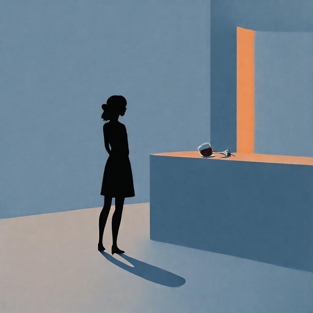 A solitary, stylized woman's silhouette, facing away, stands near a dimly lit, abstract bar counter....