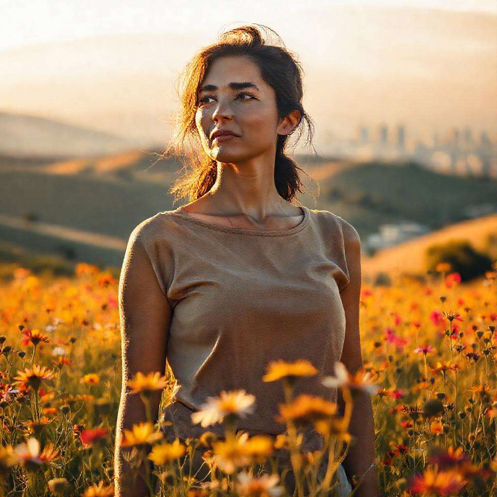 A solitary, strong woman stands amidst a field of blooming, vibrant wildflowers, bathed in the golde...