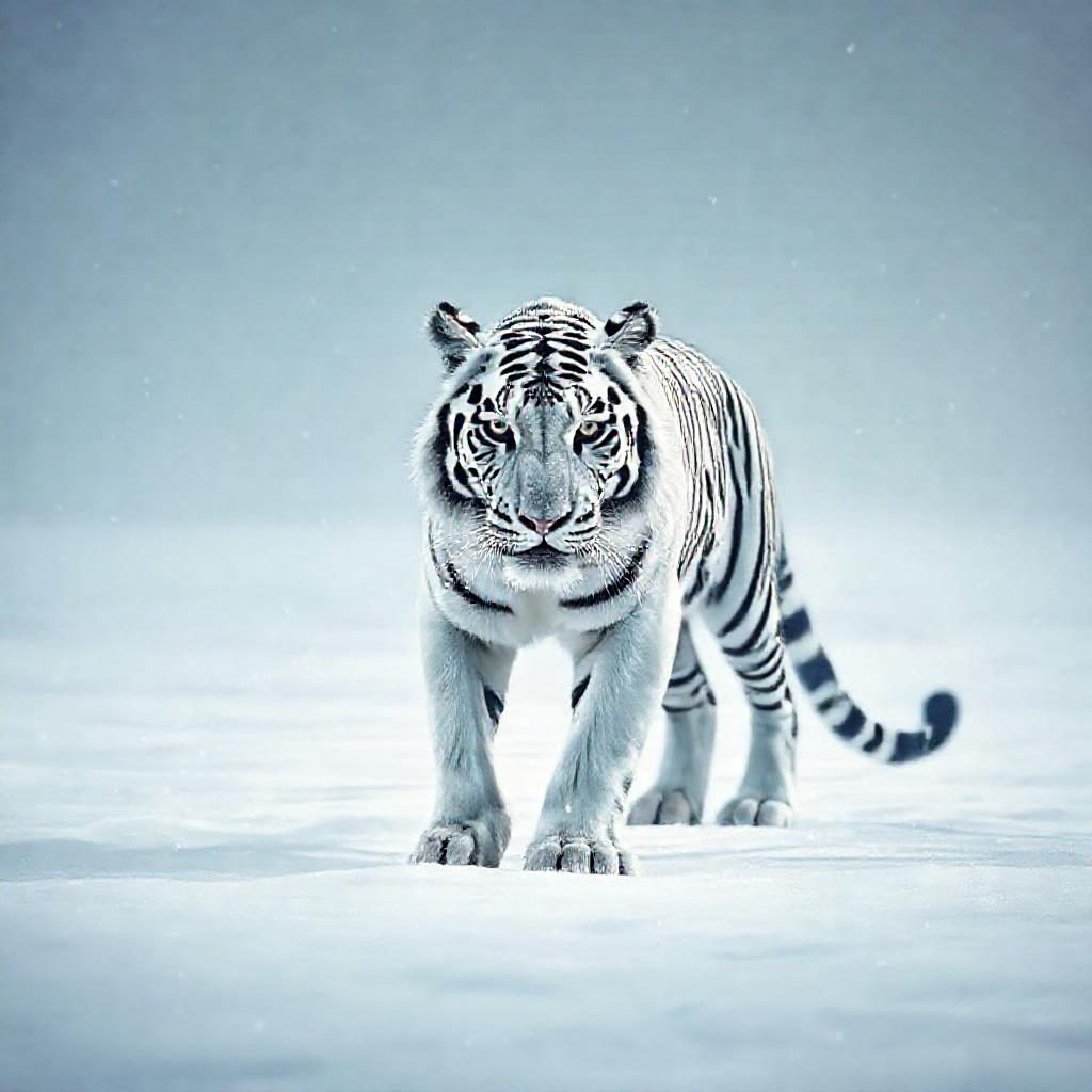 A serene, snow-white tiger stands in a minimalist, stark white landscape. Subtle cracks begin to app...