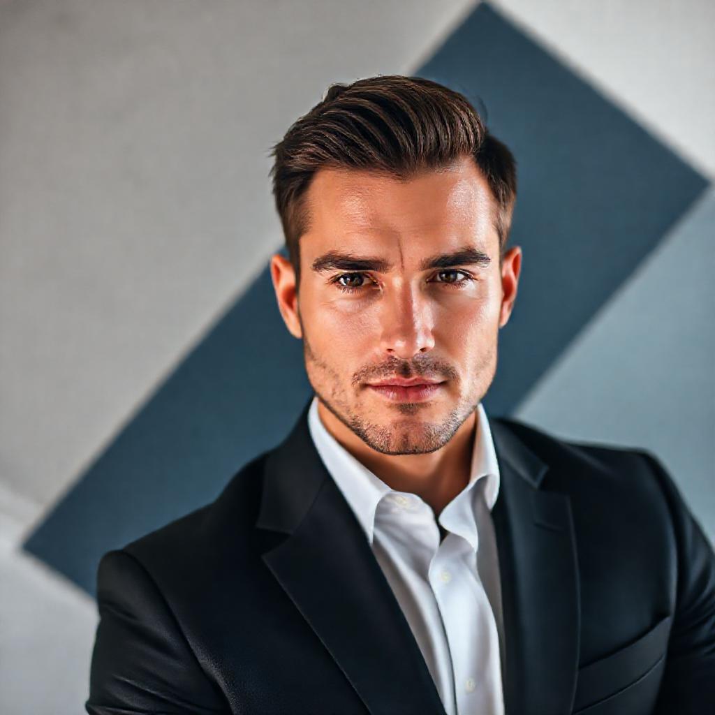 A portrait of a handsome man, impeccably dressed in a dark, tailored suit. Soft, diffused lighting e...