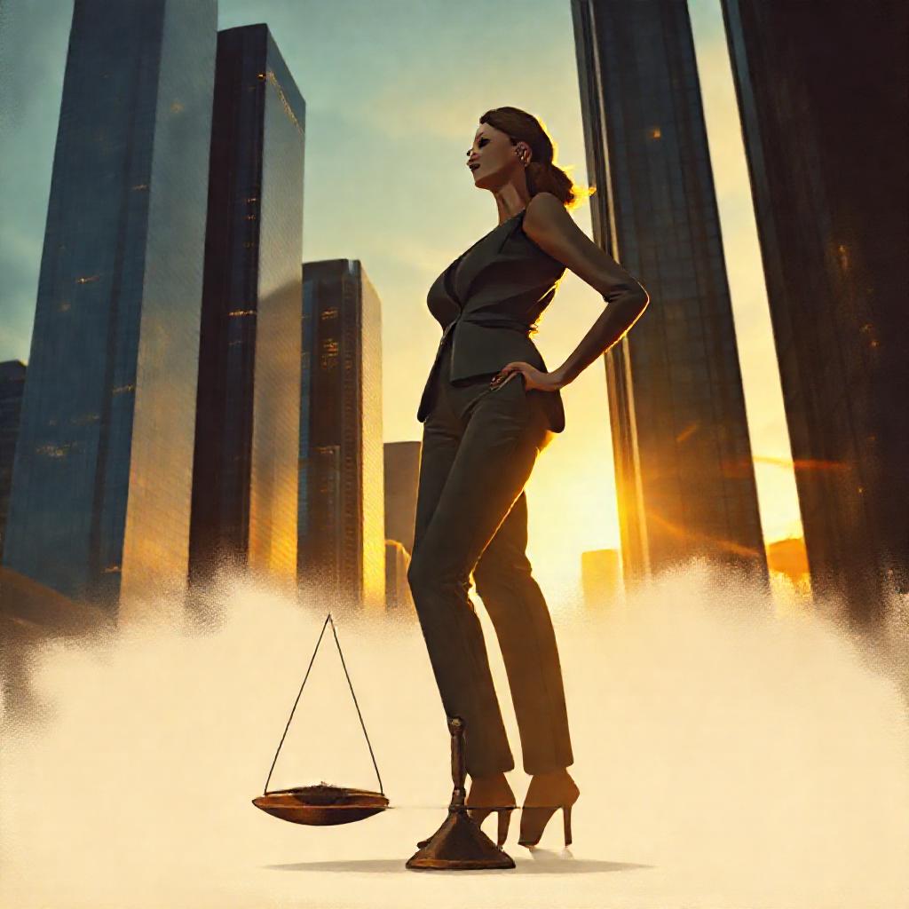A woman in a sleek, modern pantsuit stands confidently, silhouetted against a towering cityscape at ...