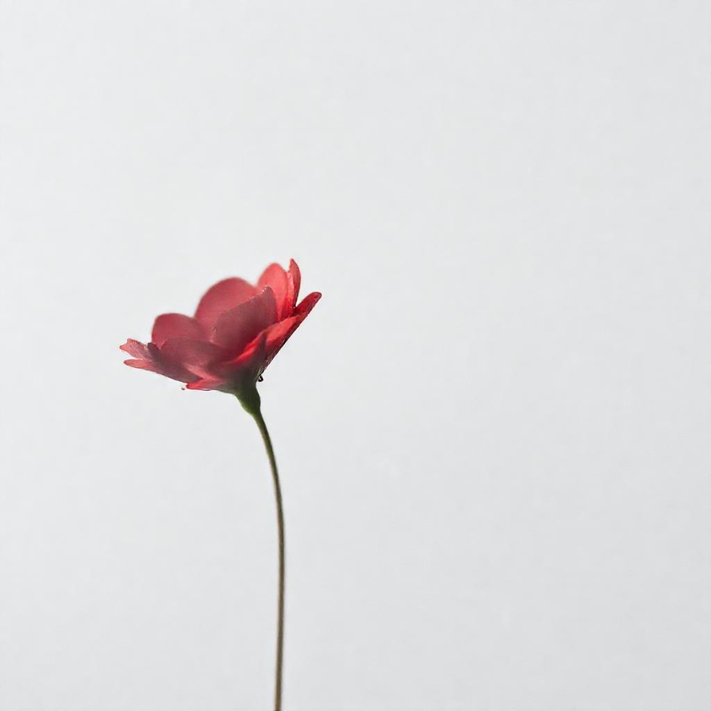 A single, delicate red flower, partially obscured by cool-toned grey mist. The flower's stem is thin...