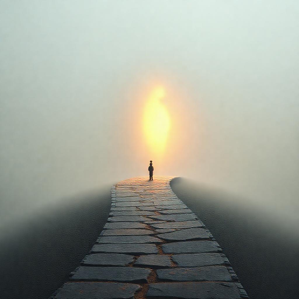 Minimalist composition: A single, weathered stone pathway gently curving towards a softly illuminate...
