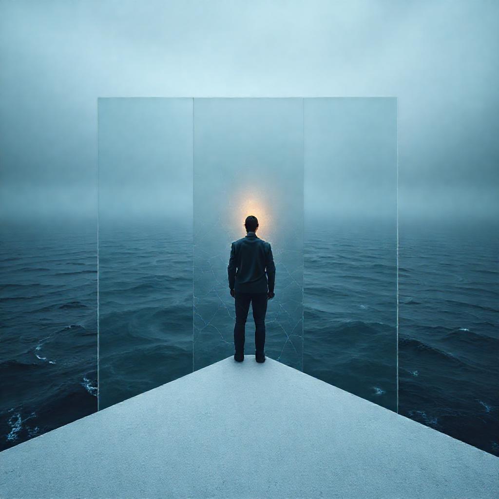 A solitary figure stands on a stark, minimalist platform overlooking a vast, swirling grey ocean. Th...