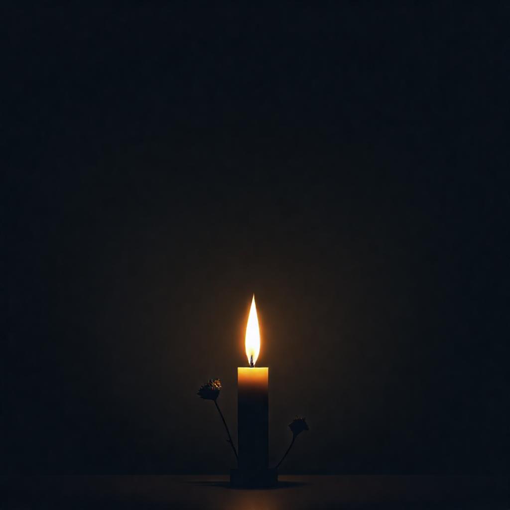 Minimalist composition: A solitary, glowing candle flame illuminating the silhouette of a strong, up...