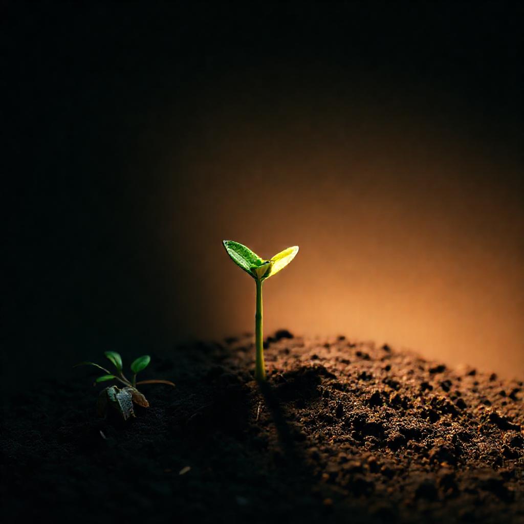 Minimalist composition: A single, young sprout emerging from dark, rich soil, reaching towards a gen...