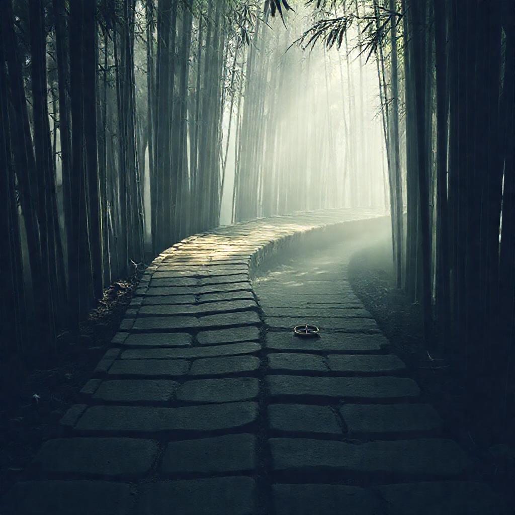 A solitary, weathered stone pathway winding through a dense, misty bamboo forest. The path splits in...