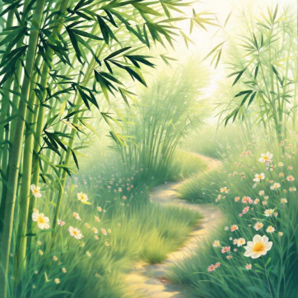 Luminous, vibrant illustration of gently swaying bamboo and wildflowers in a windswept meadow. Sunli...