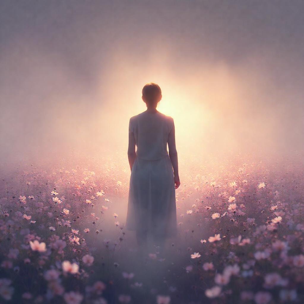 A solitary figure, bathed in soft, diffused light, stands amidst a field of pale, luminous flowers. ...