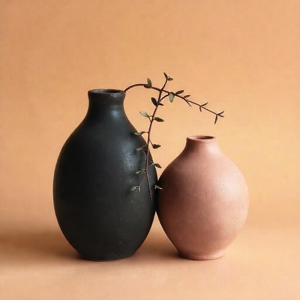 Minimalist composition: Two interconnected, subtly textured ceramic vessels - one dark, representing...