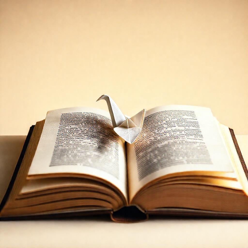 A single, stylized paper crane gracefully resting on an open, ancient book. Soft, diffused light ill...
