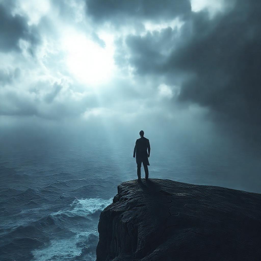 A solitary figure, back to the viewer, stands on a windswept cliff overlooking a turbulent, grey sea...