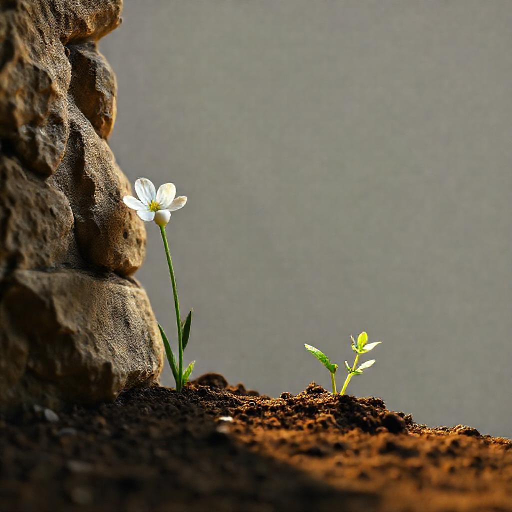 A single, delicate white flower blooming near a protective, weathered stone wall. Soft, diffused gol...