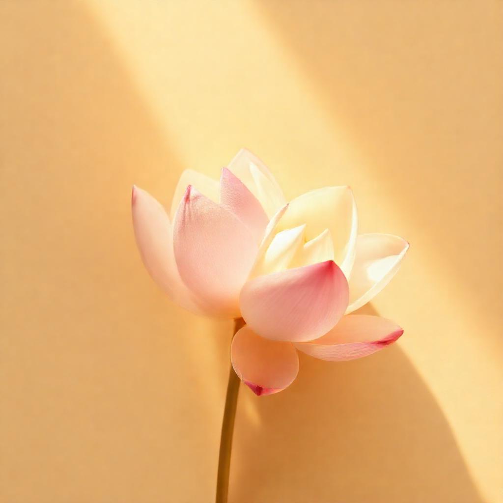 Golden light softly illuminating two intertwined lotus flowers, one pale pink, the other ivory. Mini...