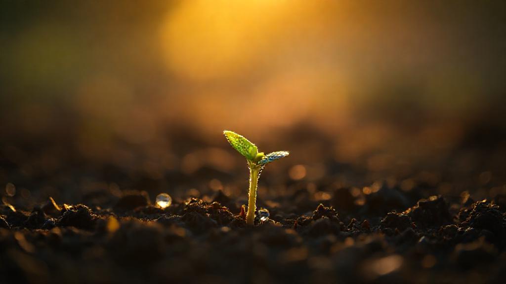 A single, vibrant sprout emerging from rich, dark soil, bathed in the soft, golden light of dawn. De...