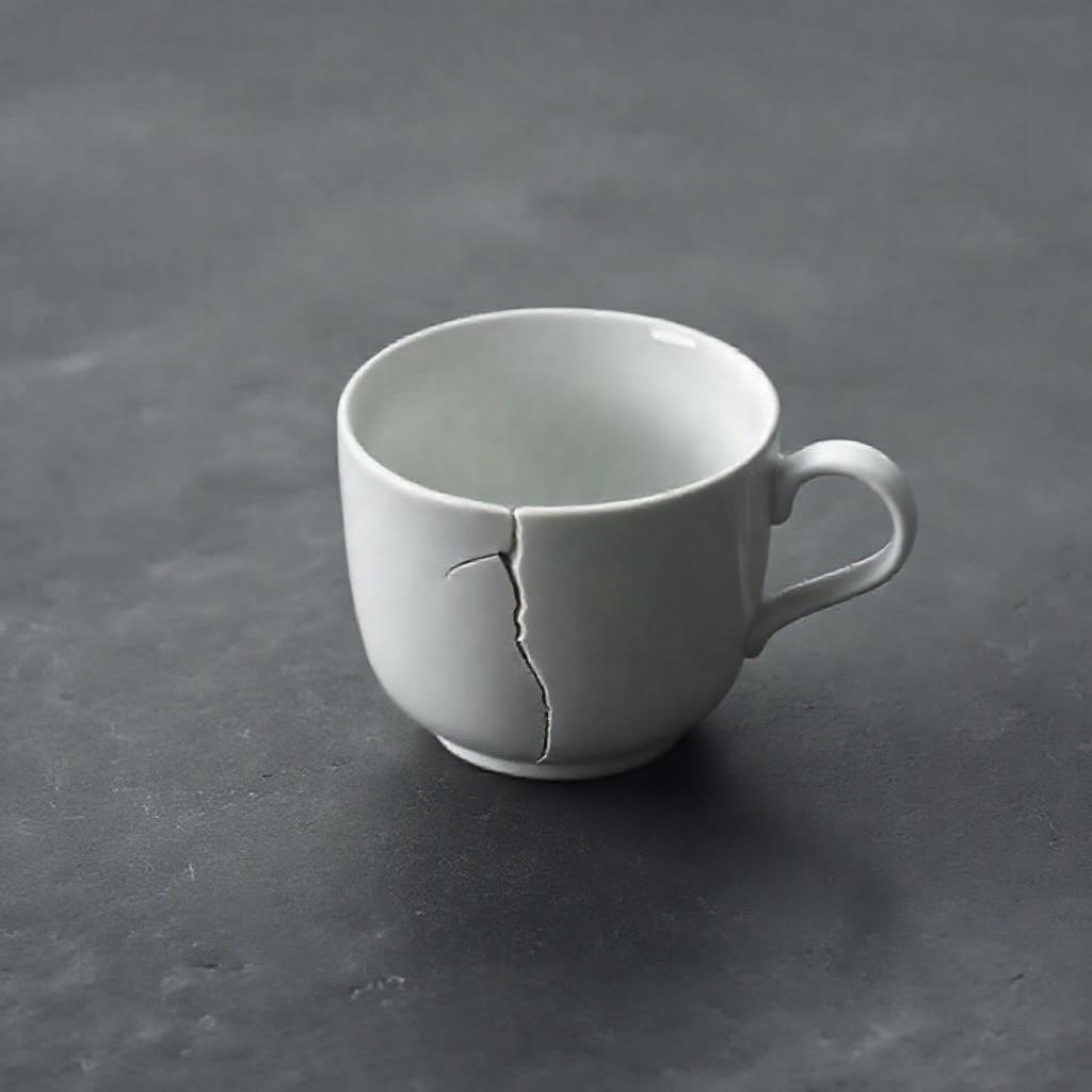 A single, stark white ceramic teacup, cracked slightly, sits on a smooth, dark grey stone surface. A...