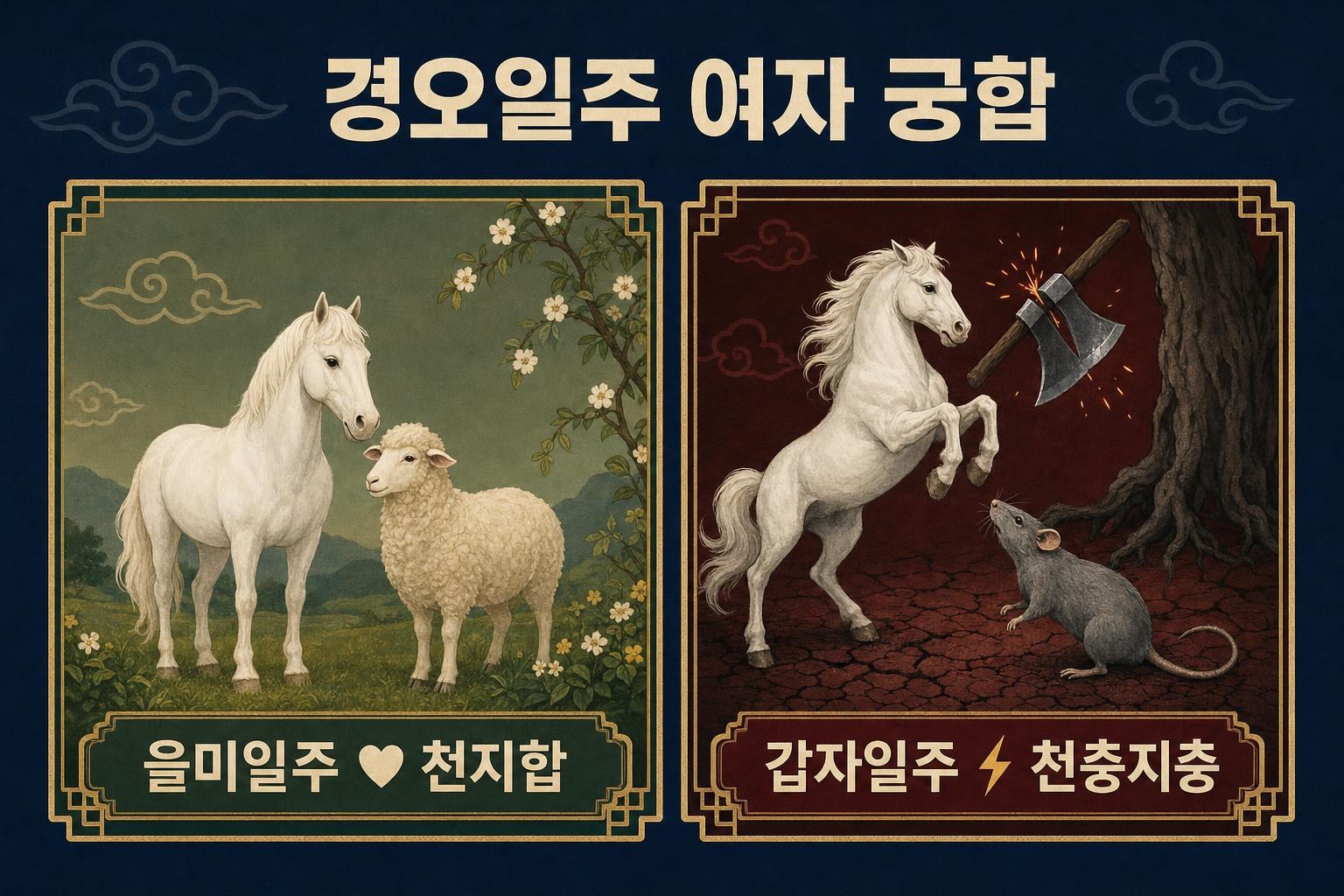 경오일주 여자 궁합 — 을미일주 천지합, 갑자일주 충돌