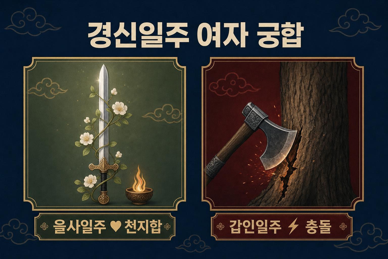 경신일주 여자 궁합 — 을사일주 천지합, 갑인일주 충돌