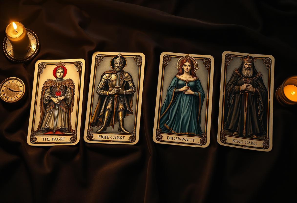 코트 카드 4장 — 시종(Page), 기사(Knight), 여왕(Queen), 왕(King) — 이 어두운 벨벳 위에 한 줄로 놓이고 각 인물이 자기 슈트 상징물을 들고 있는 라이더-웨이트 도해. 한 쪽에서 들어오는 촛불빛으로 인물들의 권위가 부각된 편집 컷