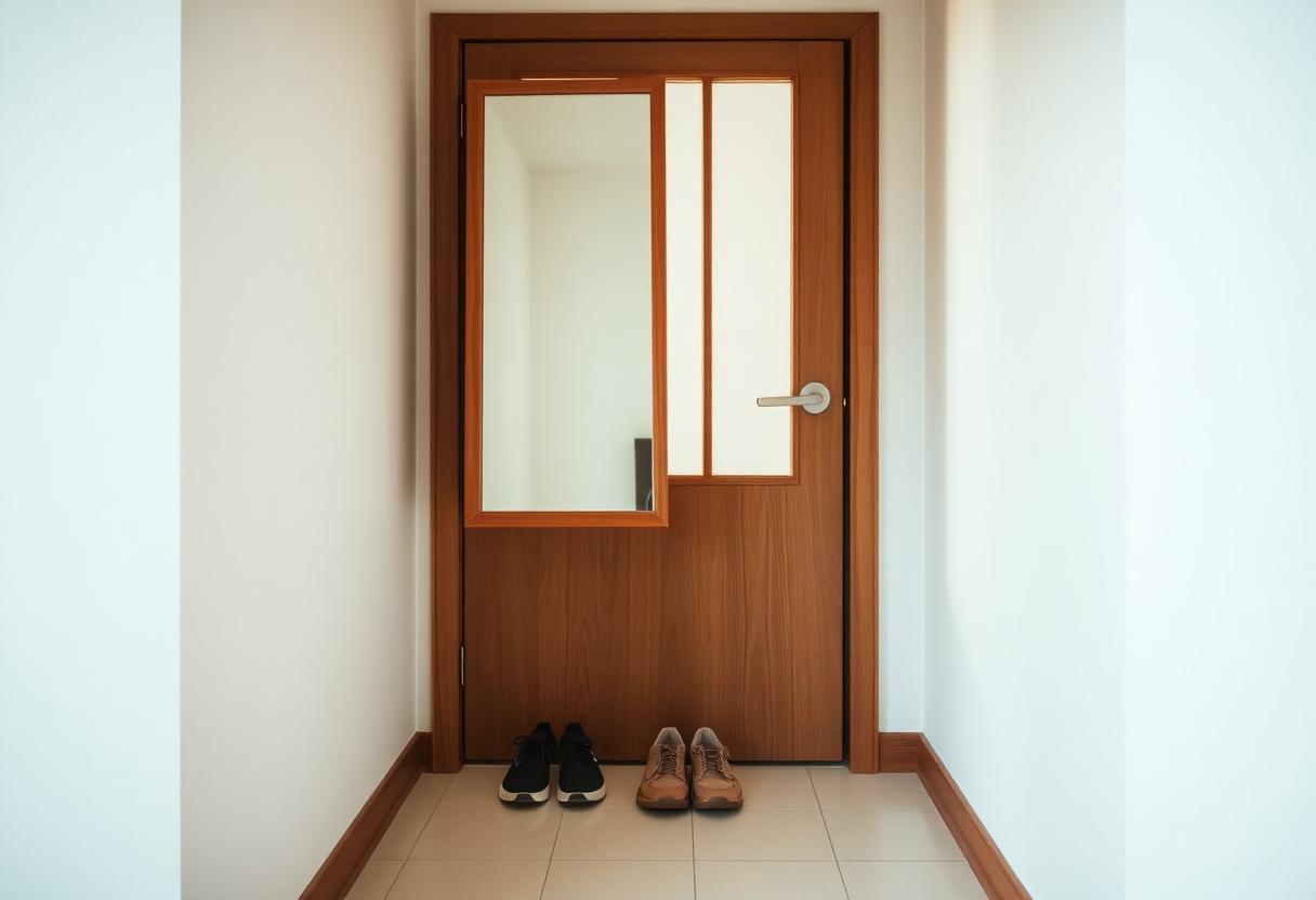 현관문 측면 벽에 45도 각도로 걸린 팔각형 거울, 그 옆에 놓인 작은 화분과 우드 콘솔이 좁은 공간을 시각적으로 넓혀주는 한국식 입구