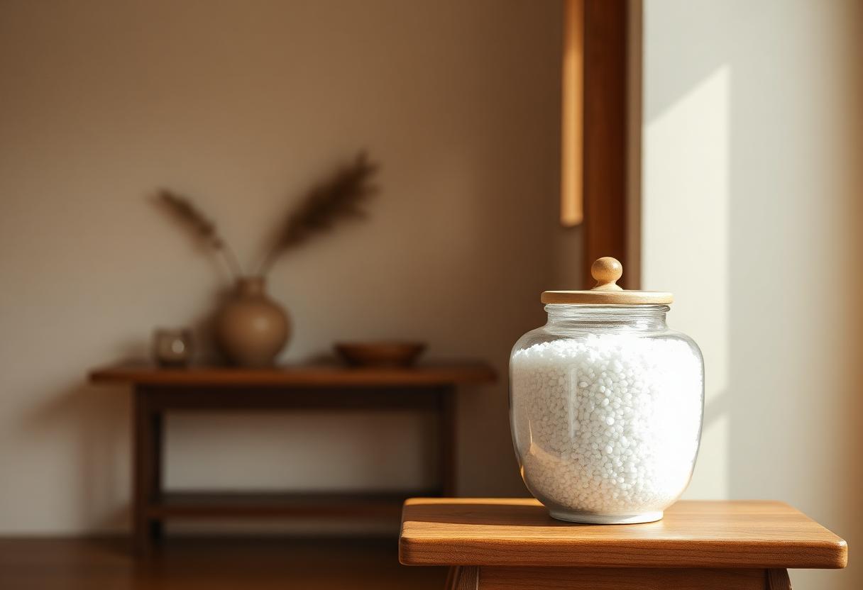 현관 신발장 위에 놓인 작은 백자 항아리에 굵은 천일염이 담긴 모습, 옆에 작은 숯 그릇이 함께 놓인 차분한 우드톤 코너