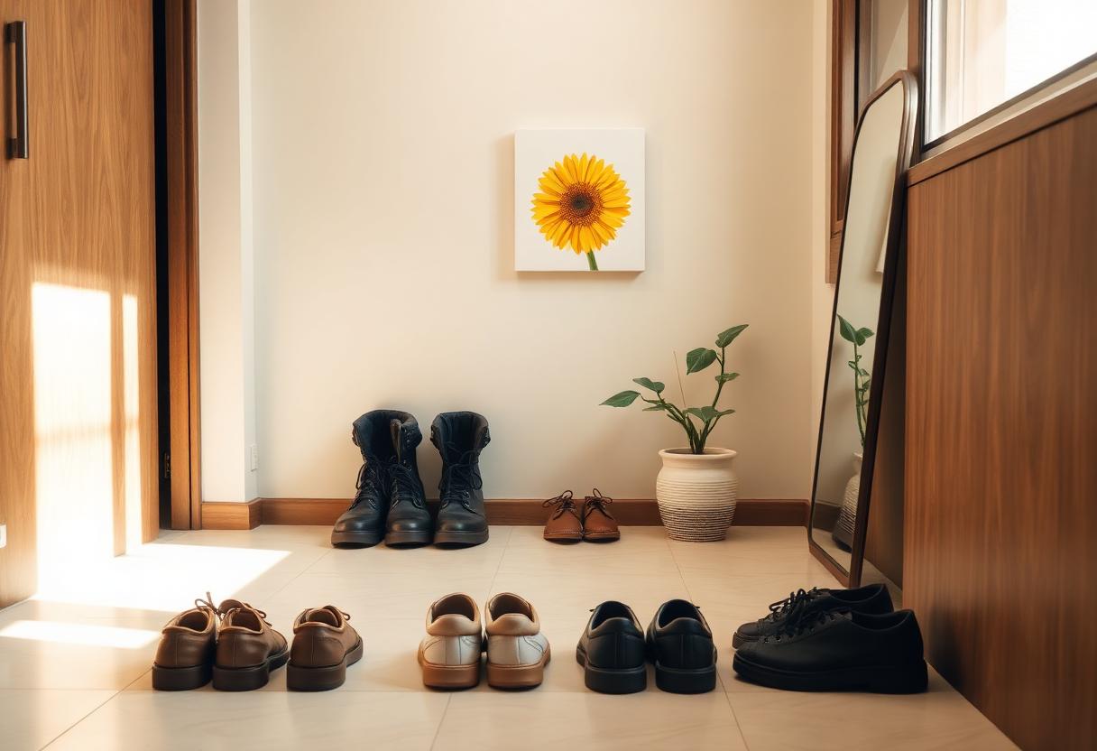 현관 정면 벽은 비워지고 좌측 측면 벽에 단정한 그림 한 점만 걸린 한국식 현관, 풍수 정석 배치의 차분한 컷