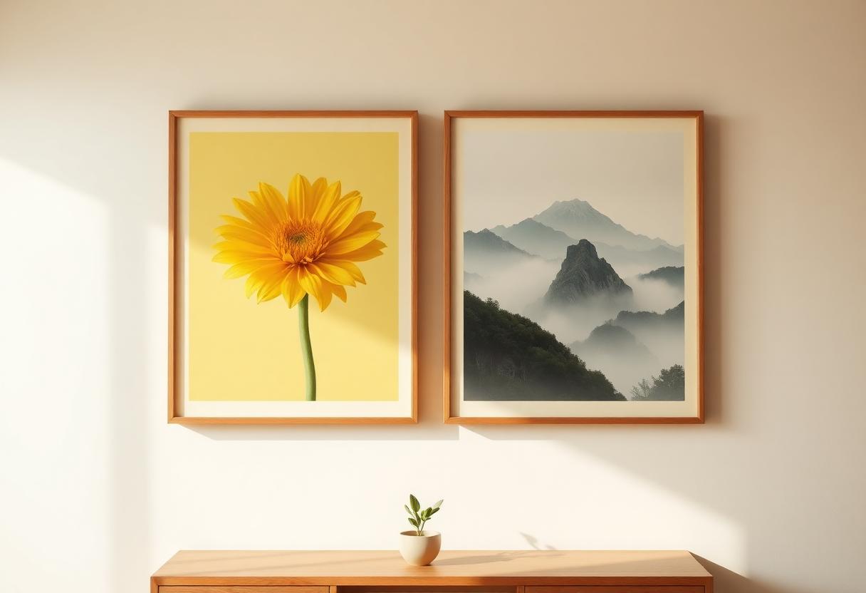 거실 벽 크기의 2/3 비율로 큰 산수화 한 점이 자리 잡은 균형 잡힌 한국식 거실, 풍수 그림 크기 정석