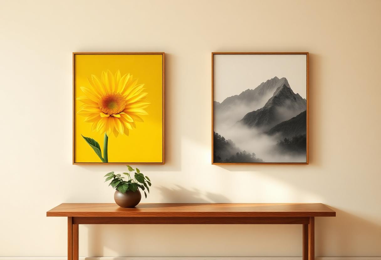 샛노란 해바라기 한 송이가 환하게 핀 그림 액자가 따뜻한 자연광 거실 벽에 걸린 한국식 인테리어의 차분한 컷